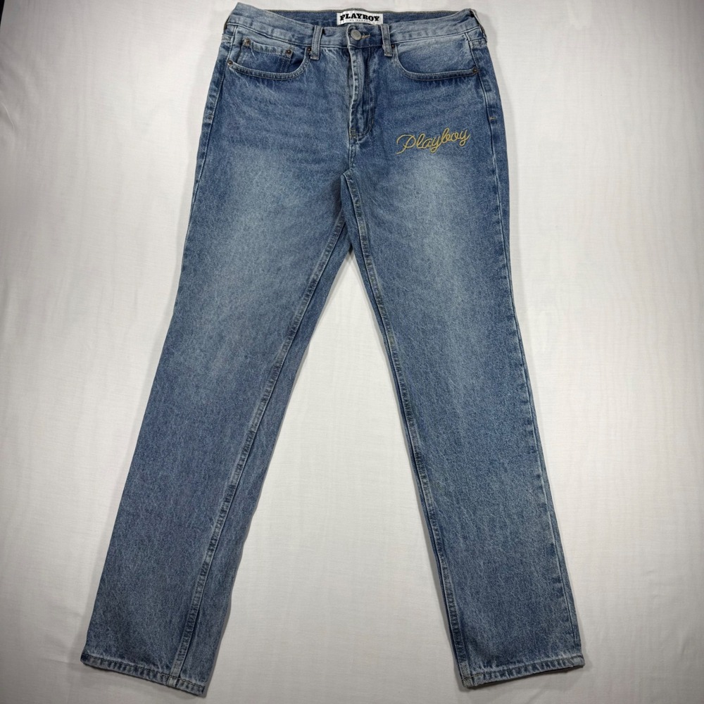 PacSun Playboy Script Logo Slim Straight Jeans 32x32 Y2K Streetwear Indigo